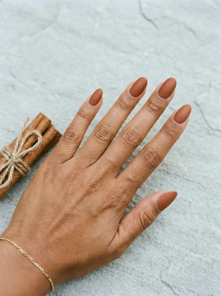 Medium oval nails in warm cinnamon brown with a soft suede-like matte finish, on a tan skin tone