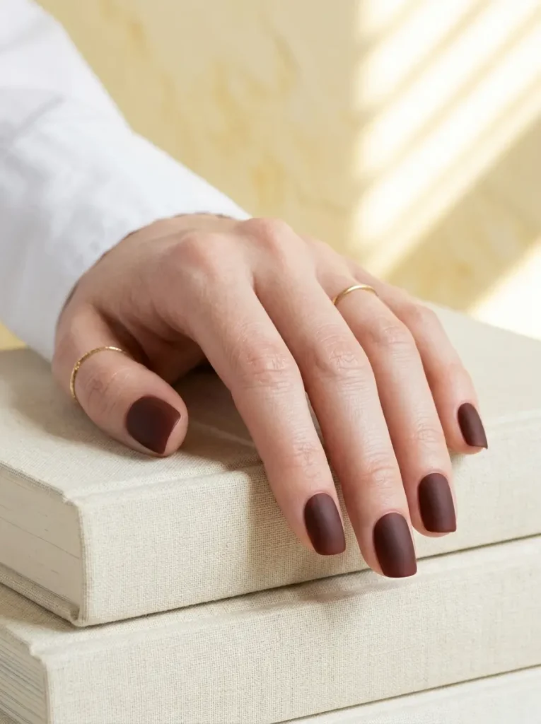 Squoval nails in matte maroon with a soft velvety finish, on a fair skin tone