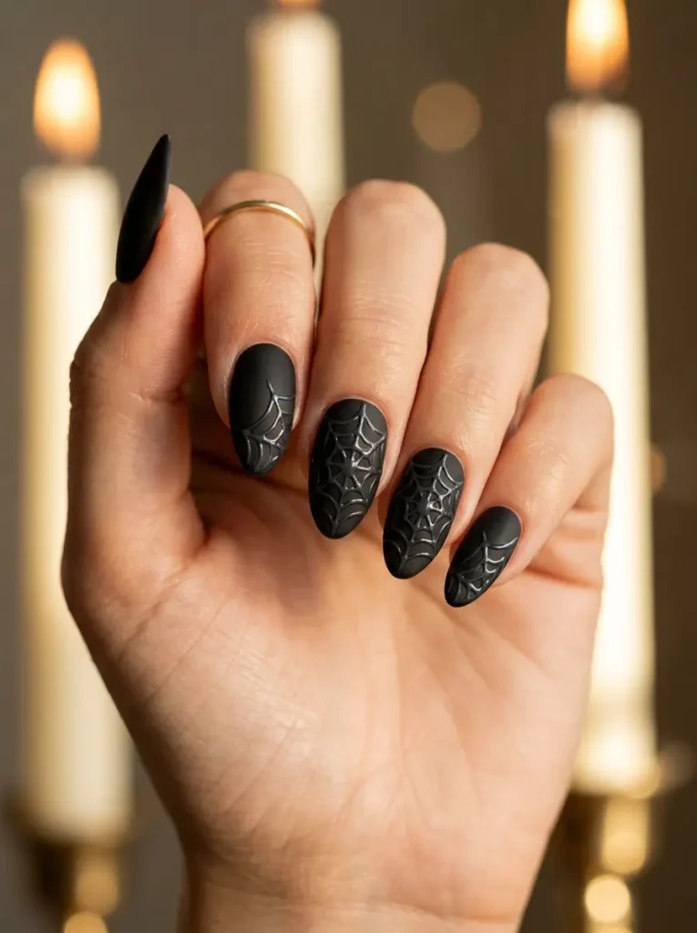 Medium almond nails in matte black with a glossy spider web visible only in the light, on a light skin tone