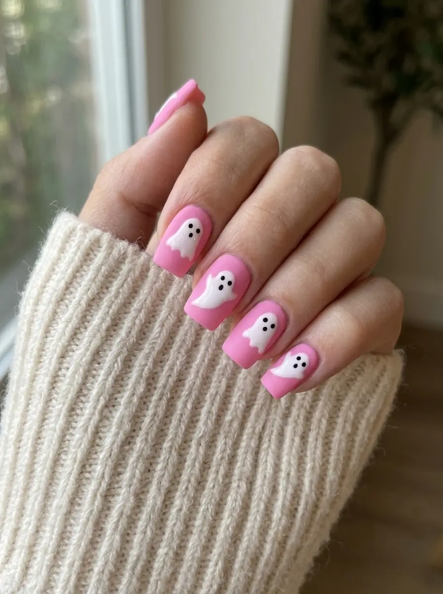 15 Pink Halloween Nail Designs for 2026, From Cute to Spooky 10 Square nails in matte bubblegum pink with glossy white ghosts on every nail, on a medium skin tone