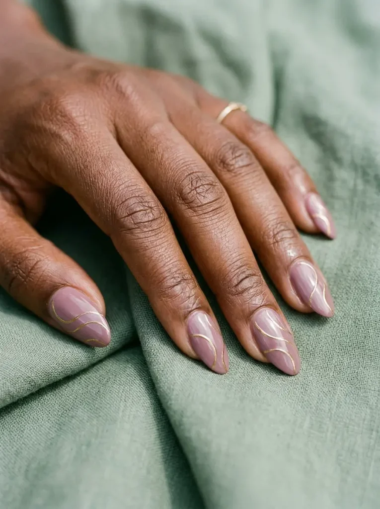 Almond nails in dusty mauve with fine gold swirl lines, on a deep skin tone