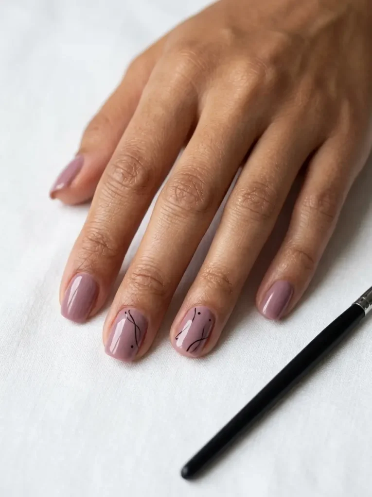 Squoval nails in glossy mauve with minimal fine black line art on two accent nails, on an olive skin tone