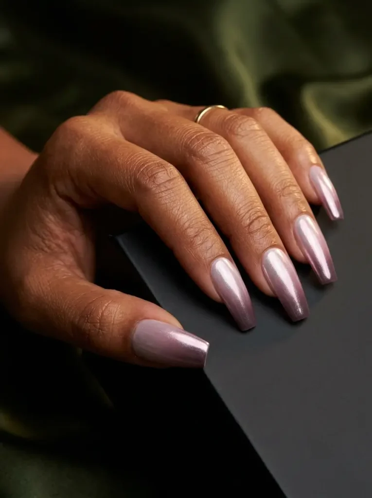Medium coffin nails with a light-to-dark mauve ombré under a pearl chrome sheen, on a tan skin tone