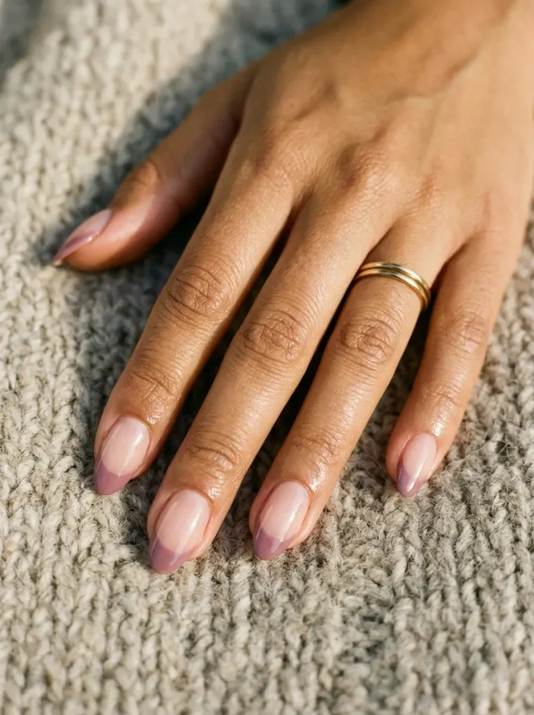 Short almond nails with a sheer nude base and thin dusty mauve French tips, on a medium skin tone