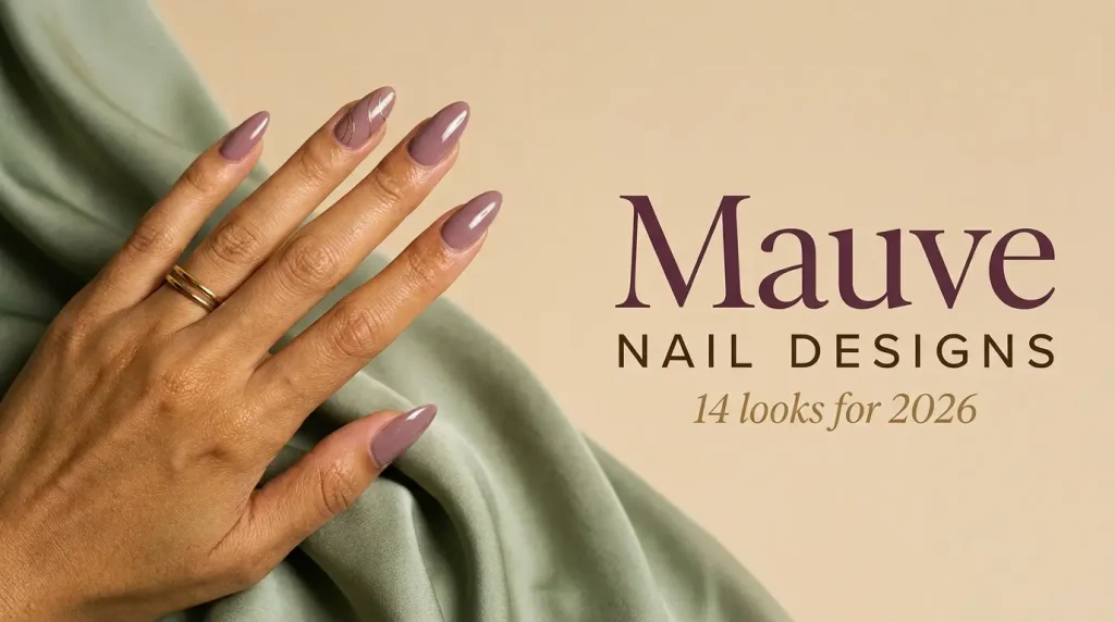 14 Mauve Nail Designs for 2026, From Milky Sheers to Chrome 31 Mauve nail designs 2026 cover, long almond nails in glossy dusty mauve with gold swirls on one nail, medium skin tone