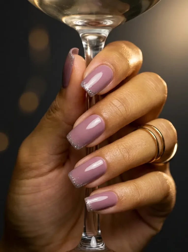 Medium square nails in glossy mauve with fine silver glitter on the tips, on a medium skin tone