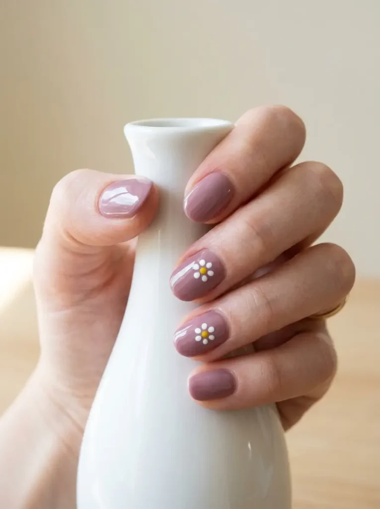 Oval nails in glossy mauve with small white daisies on two accent nails, on a fair skin tone