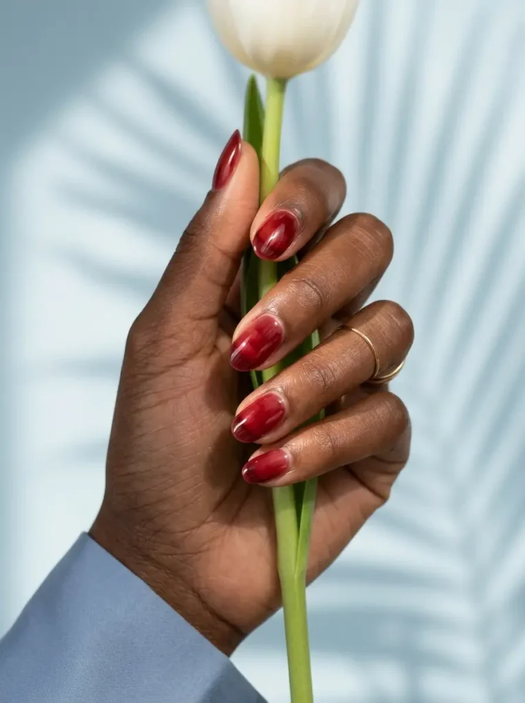 Medium oval nails in sheer layered merlot syrup polish with a glassy, see-through finish, on a deep skin tone