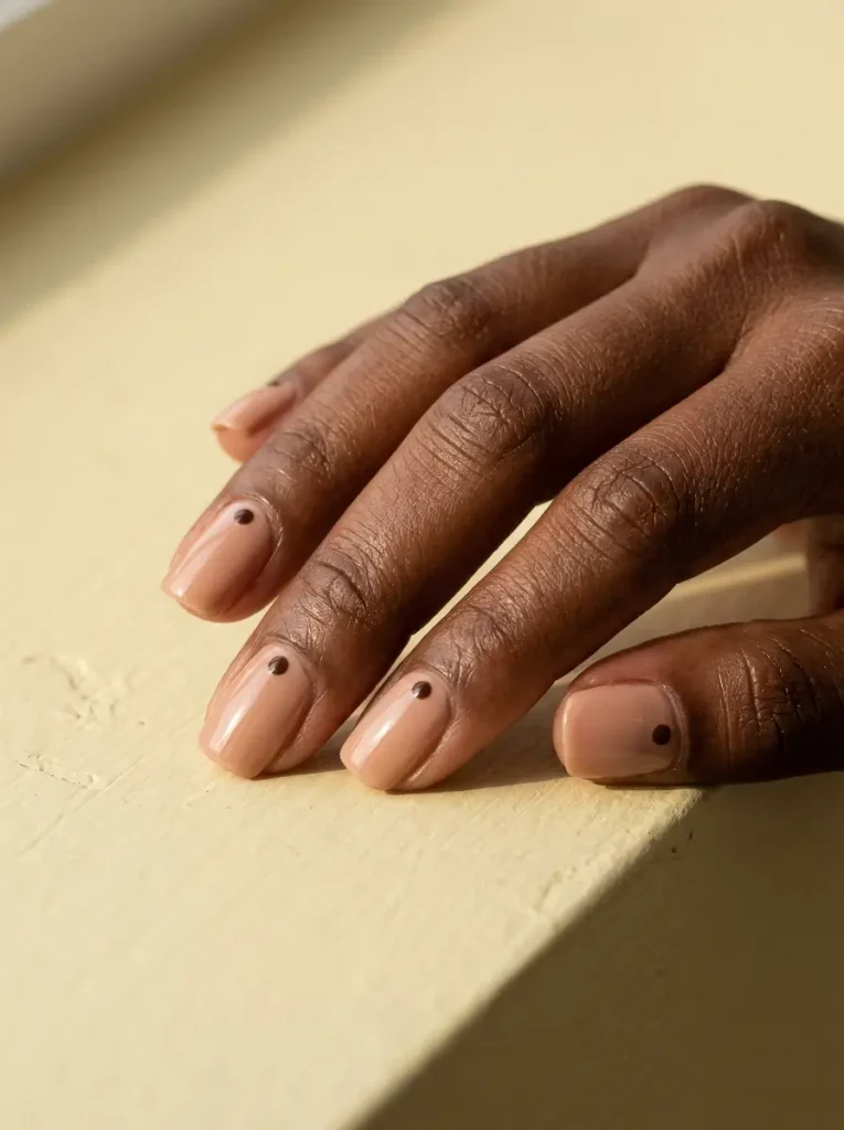 Simple nail designs on short squoval nude nails, with one tiny dot near the cuticle of each nail, glossy finish, on deep skin
