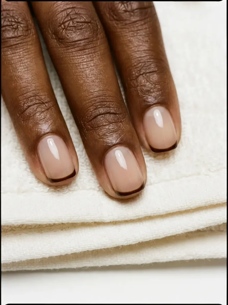 Short squoval nails with a sheer nude base and a hairline espresso brown French tip, on a deep skin tone