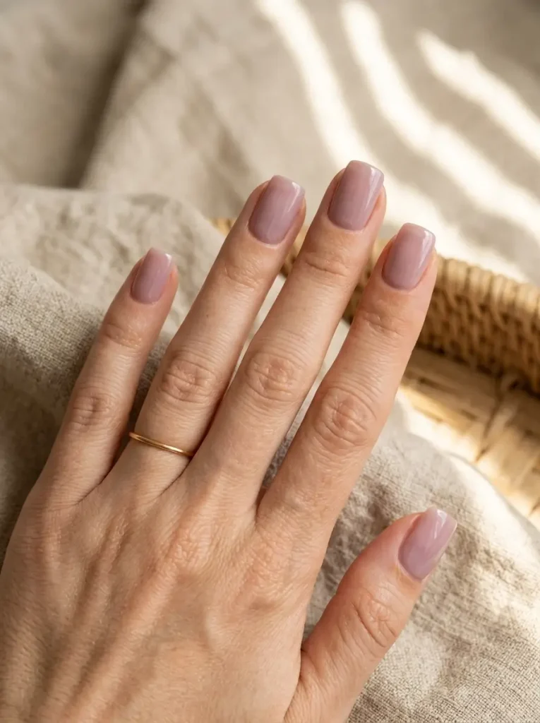 Squoval nails in creamy semi-sheer milky mauve polish, on a light skin tone