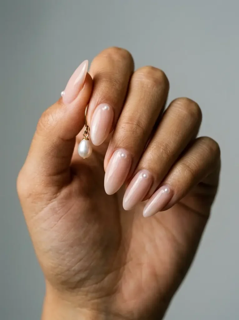 28 Fall Nail Designs for 2026, From Simple to Classy 19 Medium almond milky nude nails with one tiny pearl near the cuticle on every nail, on an olive skin tone