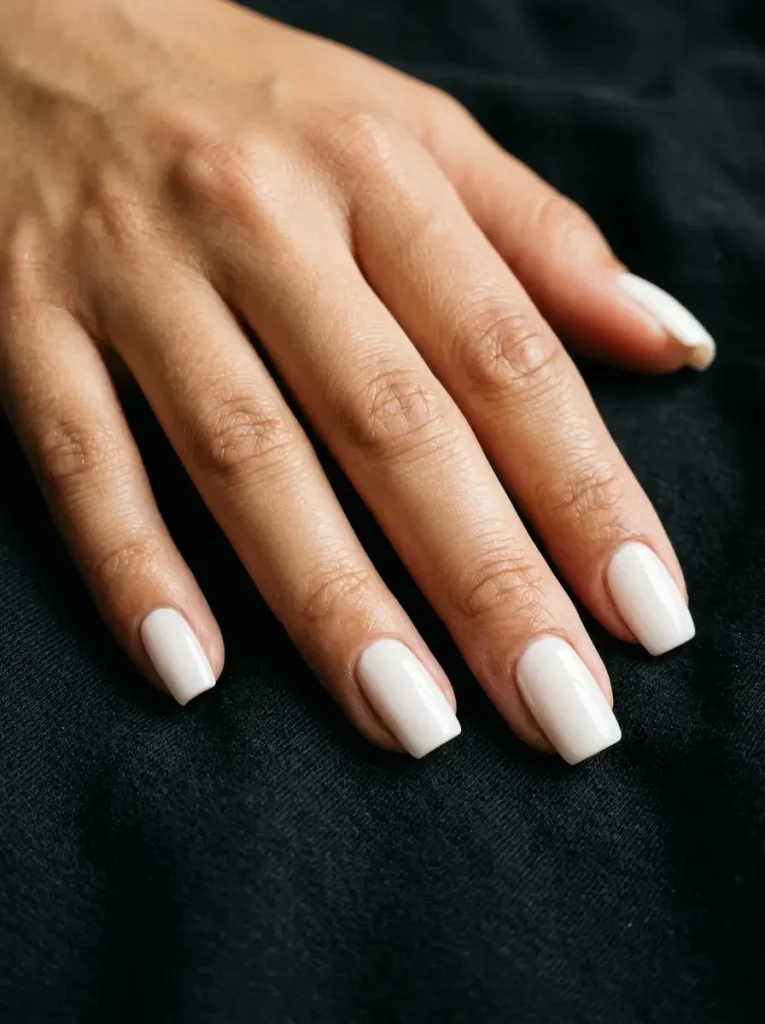 Medium squoval nails in opaque glossy milky white on every nail with no other detail, on medium skin