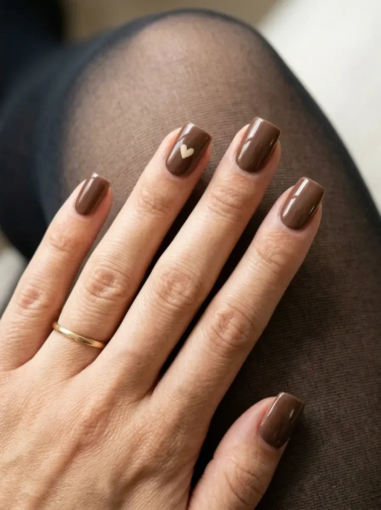 28 Fall Nail Designs for 2026, From Simple to Classy 14 Short square glossy mocha nails with one tiny cream heart on exactly one nail, on a light skin tone