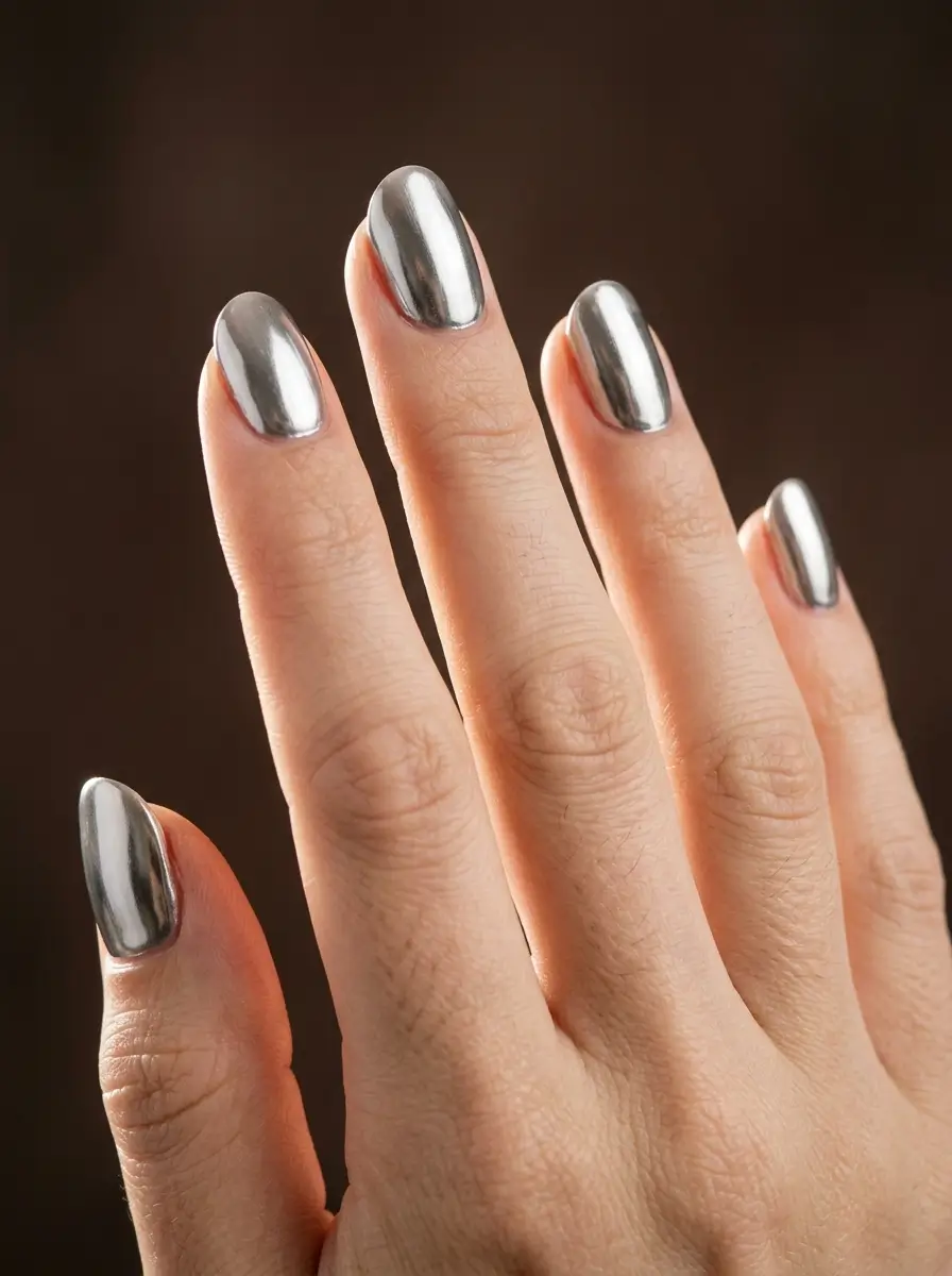 18 Fall Nail Colors for 2026, From Taupe to Navy 19 Molten silver chrome almond nails of medium length, on a fair skin tone