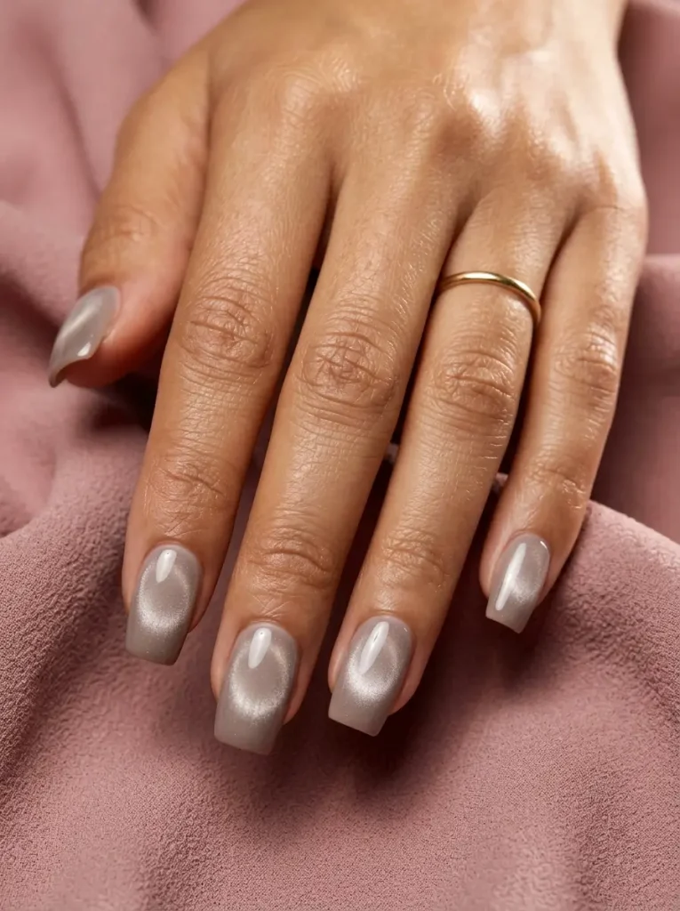 Squoval taupe cat eye nails with a soft round glow in the center of every nail, on an olive skin tone