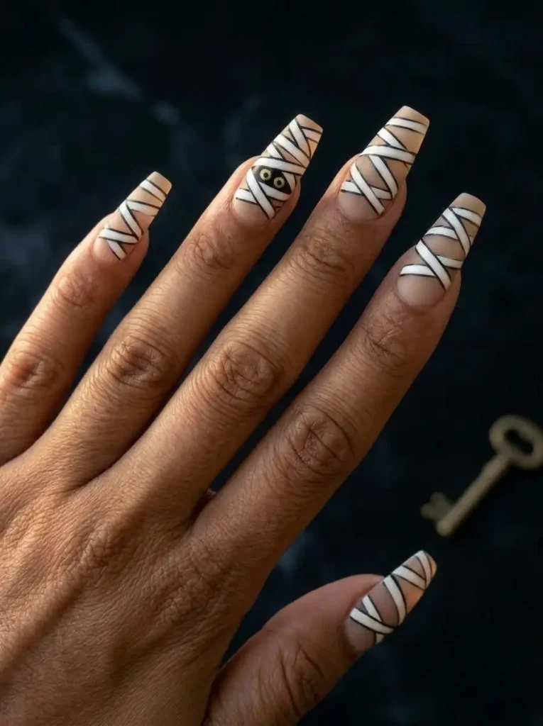 Coffin nails wrapped in white bandage stripes with a pair of yellow eyes peeking out on one nail, on a tan skin tone