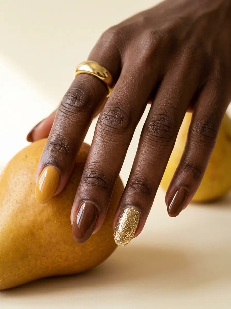 28 Fall Nail Designs for 2026, From Simple to Classy 6 Medium oval nails in chocolate brown and golden mustard with exactly one fine gold glitter nail, on a deep skin tone
