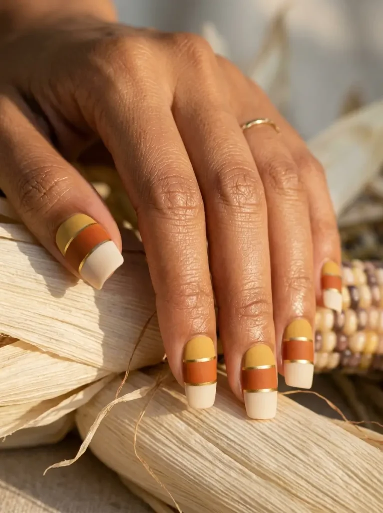 Squoval nails in matte mustard, burnt orange and cream bands divided by thin gold lines, on a tan skin tone