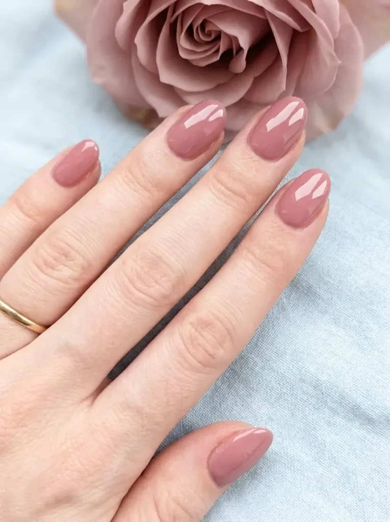 Oval nails in glossy dusty rose on a fair skin tone