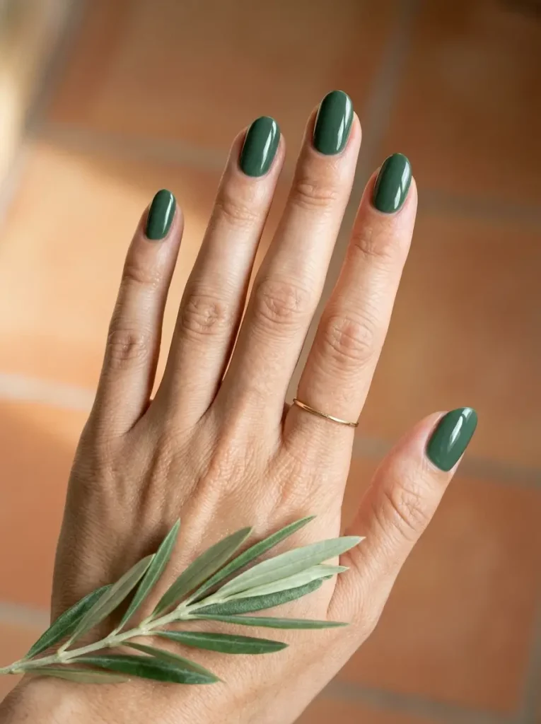 Oval nails in glossy forest green on an olive skin tone