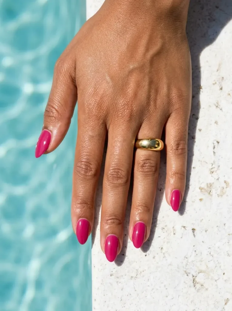 Short almond nails in glossy fuchsia on a tan skin tone