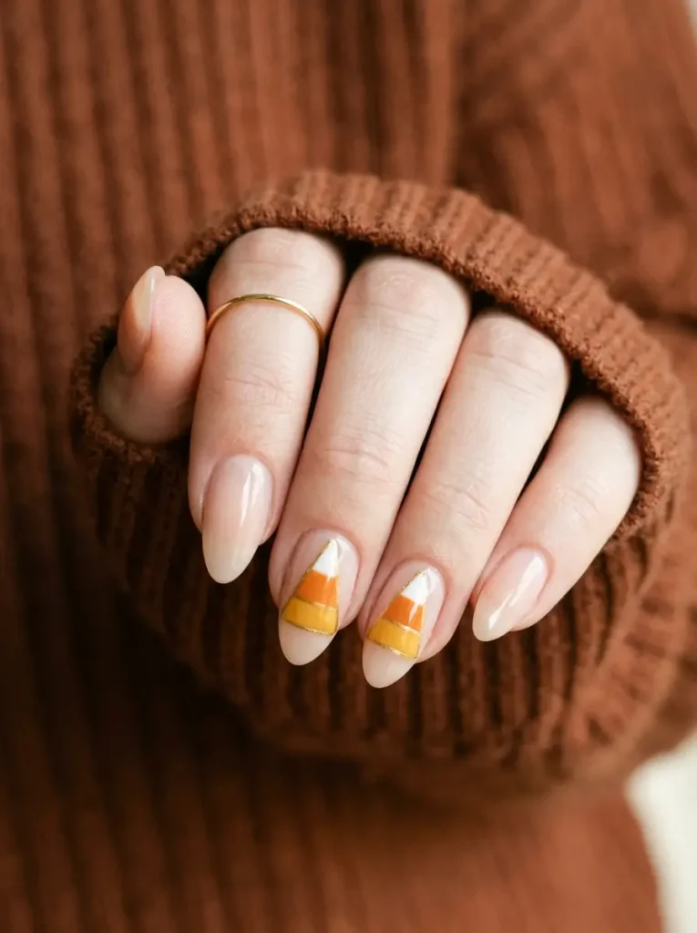 Almond nails on a sheer base with an outlined candy corn triangle on two nails, on a fair skin tone