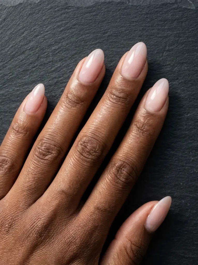 Simple nails in glossy sheer milky pink-beige on medium almond nails with no other detail, on deep skin