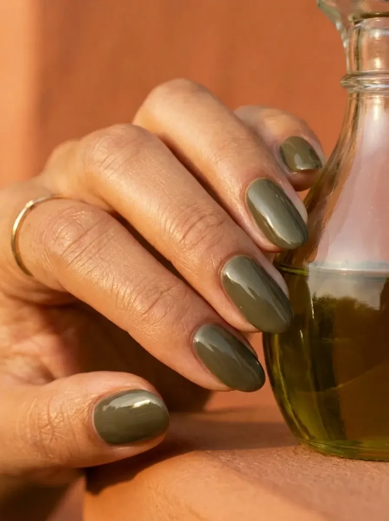 18 Fall Nail Colors for 2026, From Taupe to Navy 14 Olive green glossy oval nails of medium length, on a medium skin tone