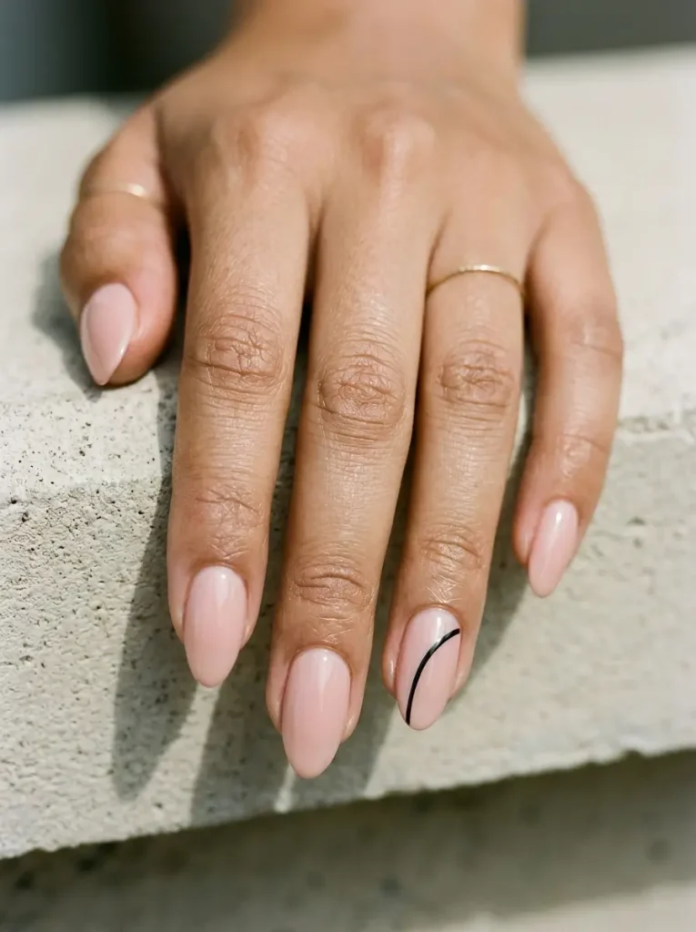 Medium almond nude nails with one curved black line sweeping across a single accent nail and the rest plain, on olive skin