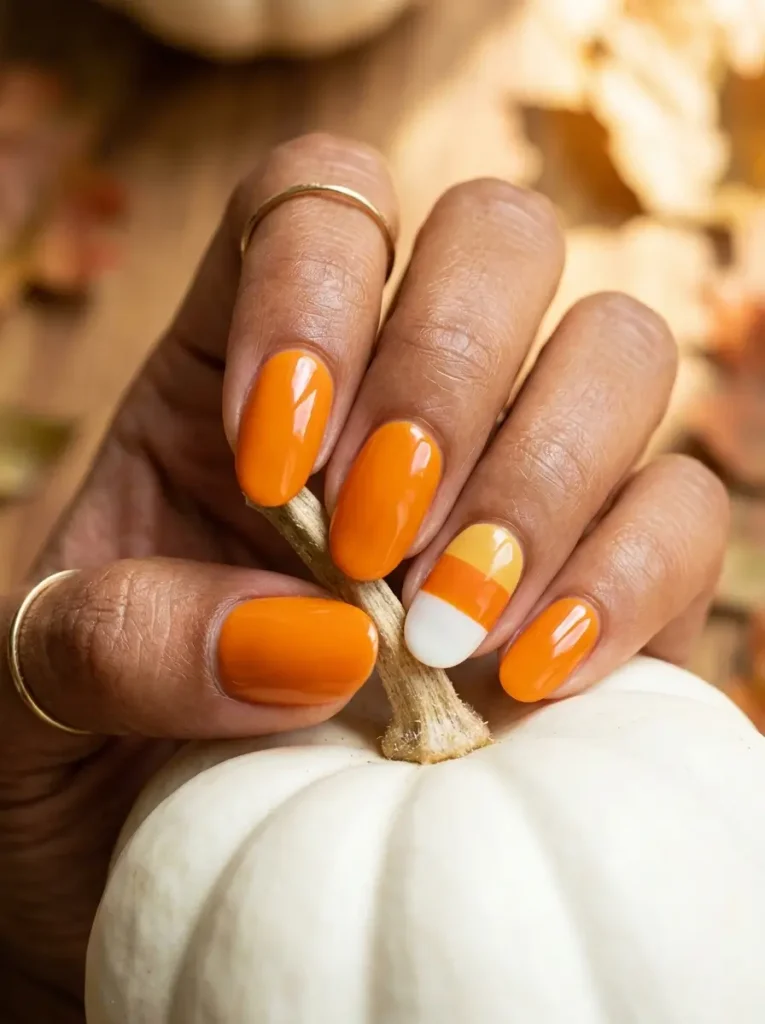 Oval nails in solid pumpkin orange with one candy corn striped accent nail, on a tan skin tone