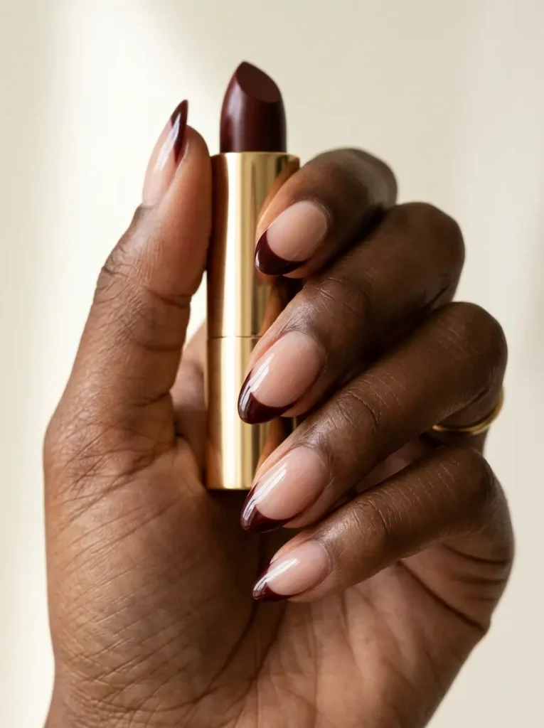 28 Fall Nail Designs for 2026, From Simple to Classy 22 Short almond sheer nude nails with deep oxblood French tips on every nail, on a deep skin tone