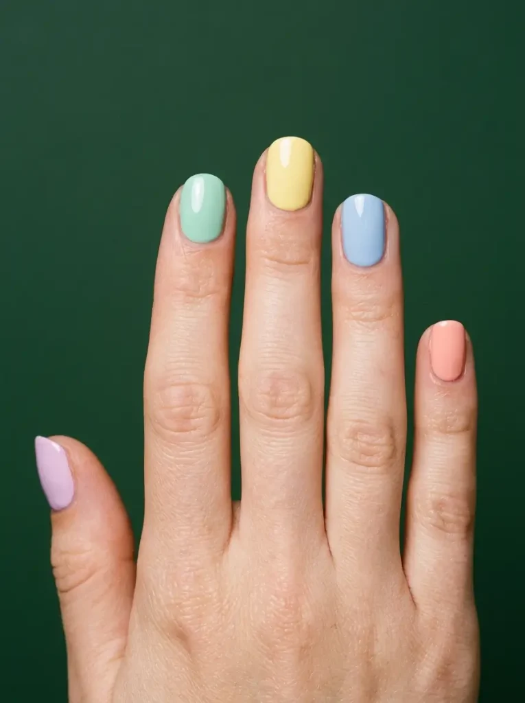 Short round nails painted a different glossy pastel color on each of the five nails, all in soft pastels, on fair skin