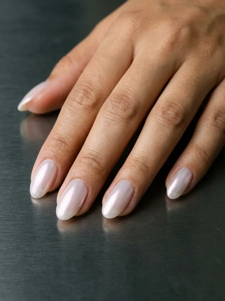 Medium oval nails with a sheer white base and a pearl chrome glaze, glossy finish, on medium skin