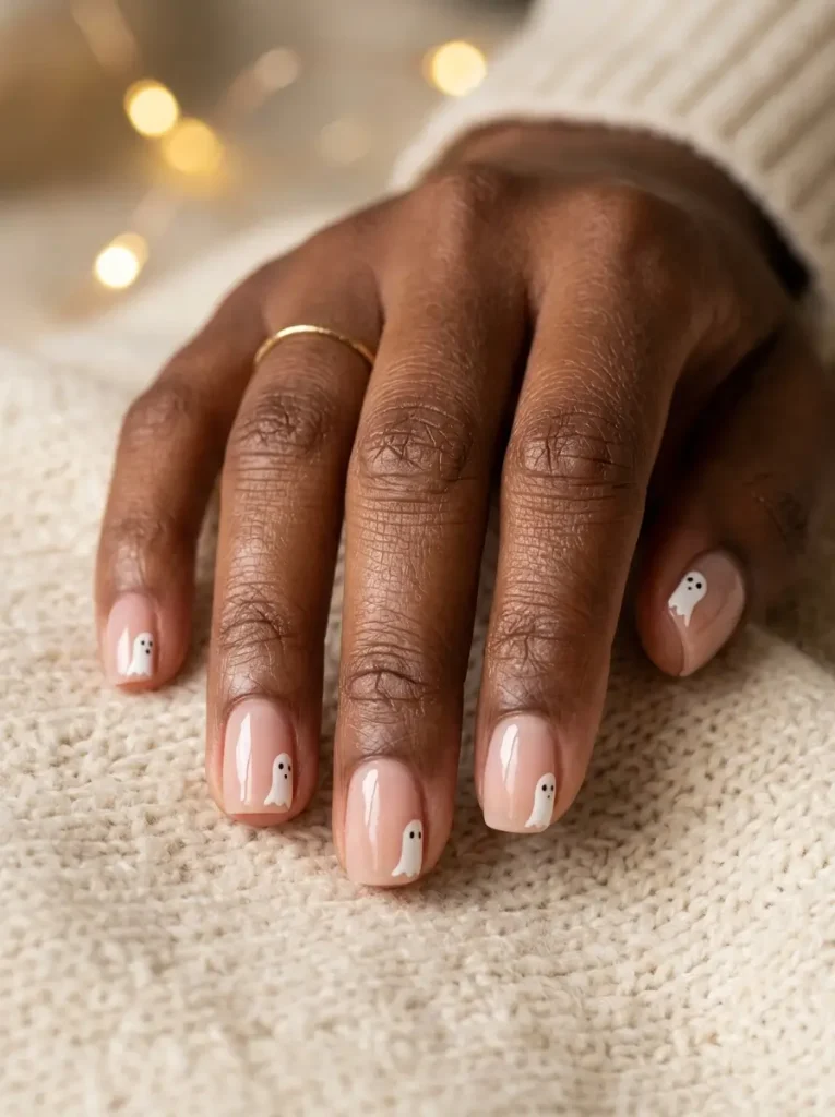 Square nails in sheer nude with half a white ghost peeking in from the side of every nail, on a deep skin tone