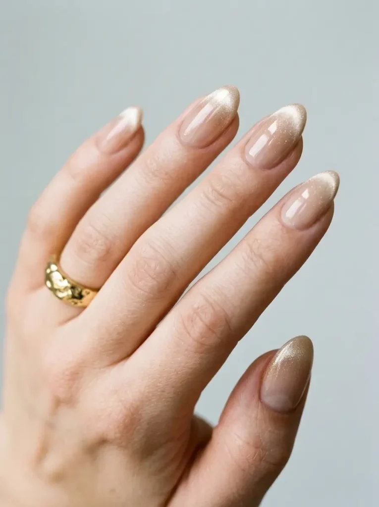 Medium almond phantom French cat eye nails in champagne with a soft shimmer tip that fades toward the base, on a fair skin tone