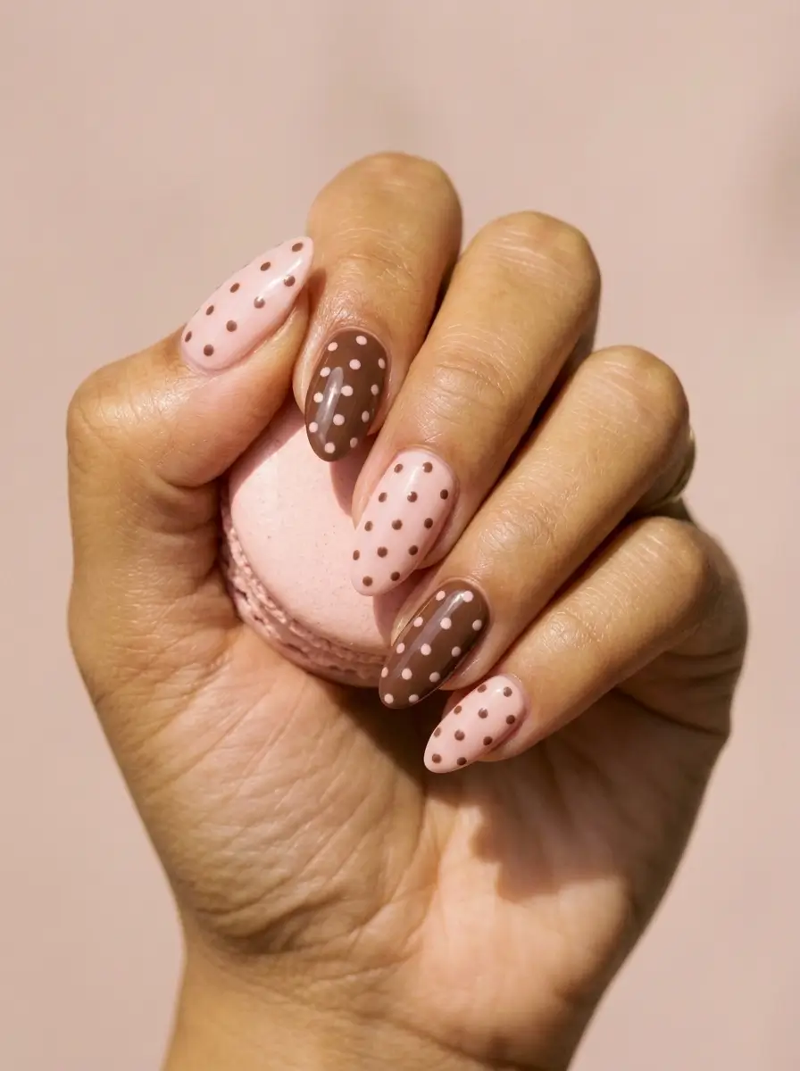 28 Fall Nail Designs for 2026, From Simple to Classy 15 Medium almond nails alternating soft pink with chocolate dots and chocolate with pink dots, on a medium skin tone