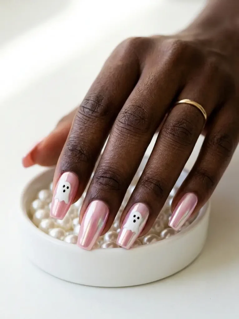 15 Pink Halloween Nail Designs for 2026, From Cute to Spooky 9 Coffin nails in pearly pink chrome with a tiny white ghost on two nails, on a deep skin tone