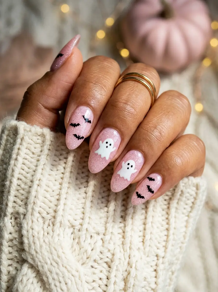 15 Pink Halloween Nail Designs for 2026, From Cute to Spooky 2 Almond nails in soft pink glitter with white ghosts on two nails and tiny black bats on the others, on a tan skin tone