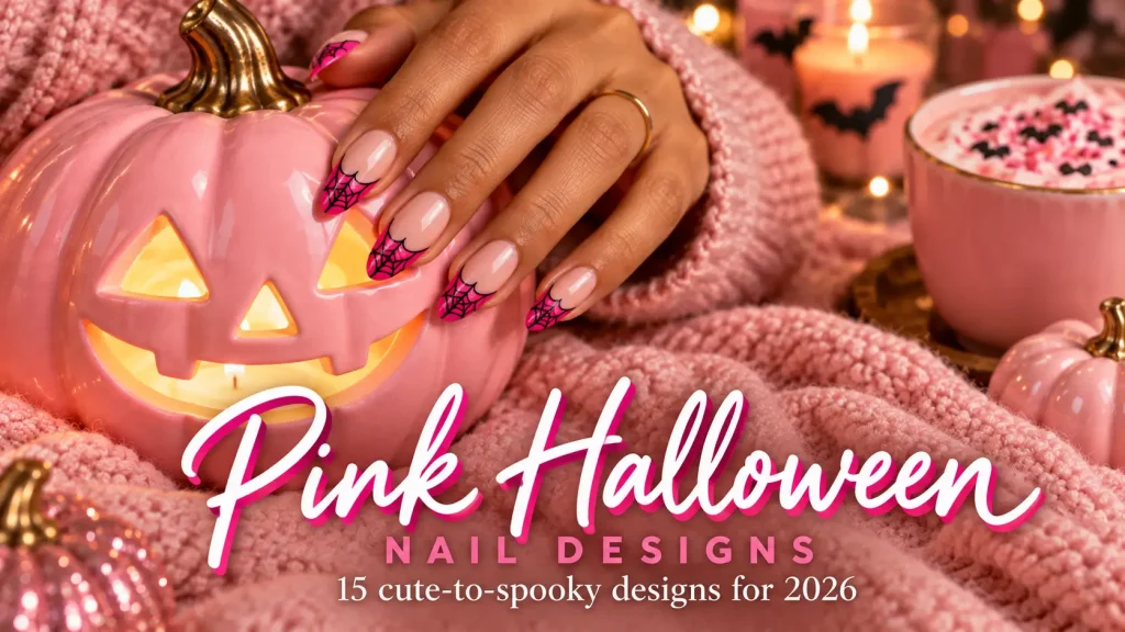 Pink Halloween nail designs 2026 cover, almond nails with hot pink French tips and black spider webs on a glowing pink pumpkin, medium skin tone