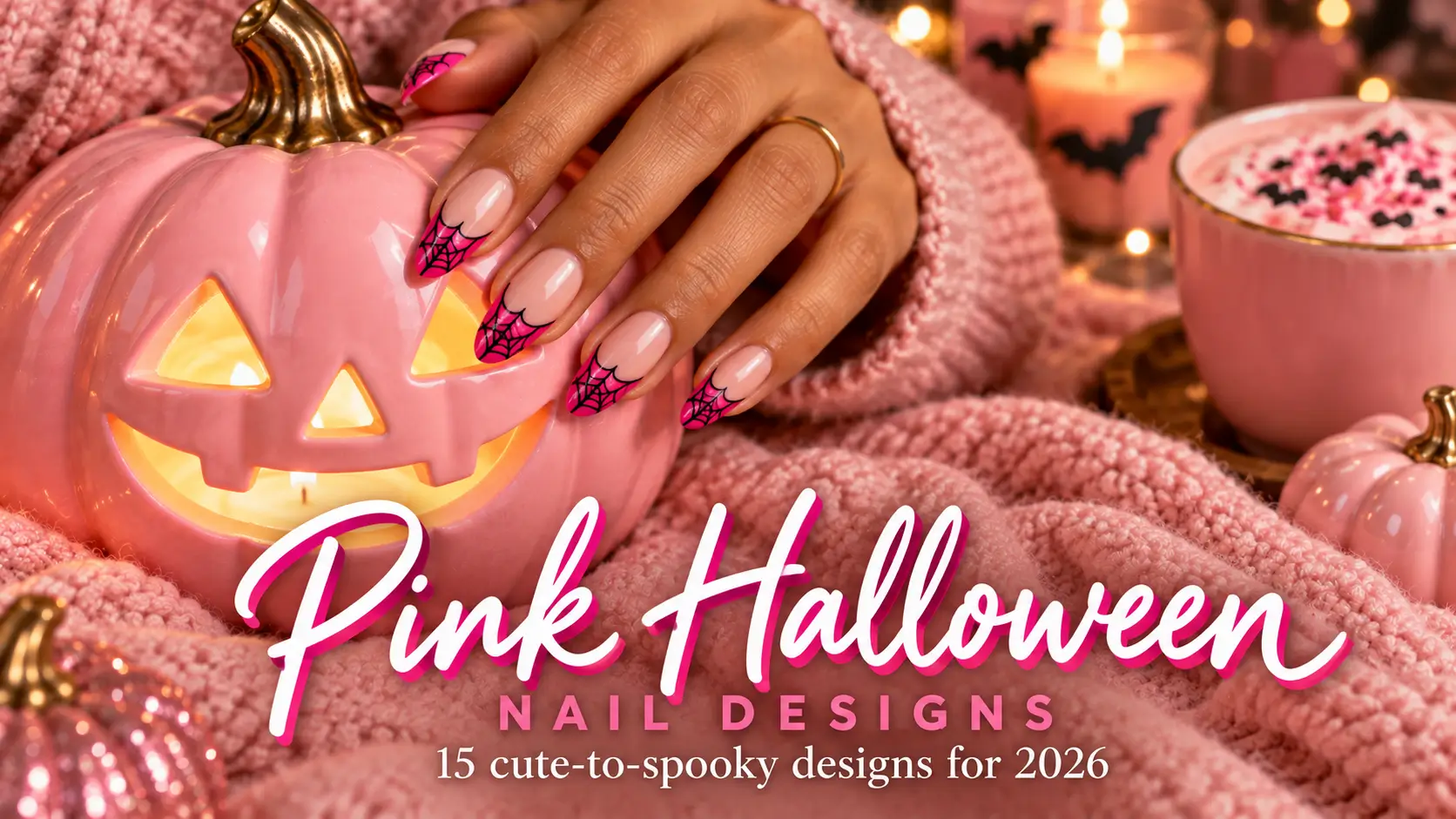 15 Pink Halloween Nail Designs for 2026, From Cute to Spooky 1 Pink Halloween nail designs 2026 cover, almond nails with hot pink French tips and black spider webs on a glowing pink pumpkin, medium skin tone
