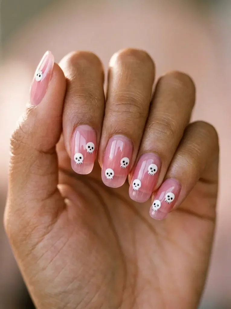 15 Pink Halloween Nail Designs for 2026, From Cute to Spooky 11 Squoval nails in sheer pink jelly with tiny white skulls on every nail, on a tan skin tone