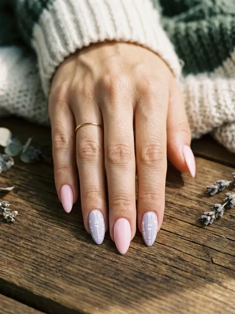 15 Pink Halloween Nail Designs for 2026, From Cute to Spooky 3 Almond nails alternating soft pink and lilac with fine white bone line art on two nails, on a light skin tone