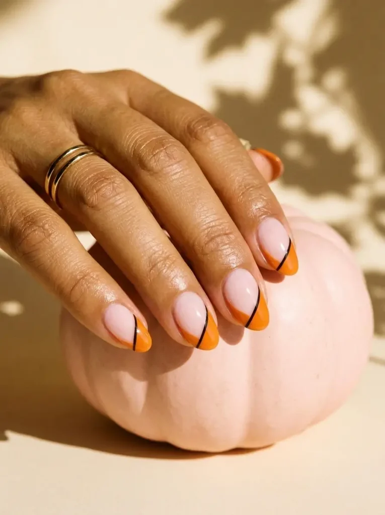 15 Pink Halloween Nail Designs for 2026, From Cute to Spooky 15 Oval nails in soft pink with a pumpkin orange diagonal corner and a thin black line on every nail, on a medium skin tone