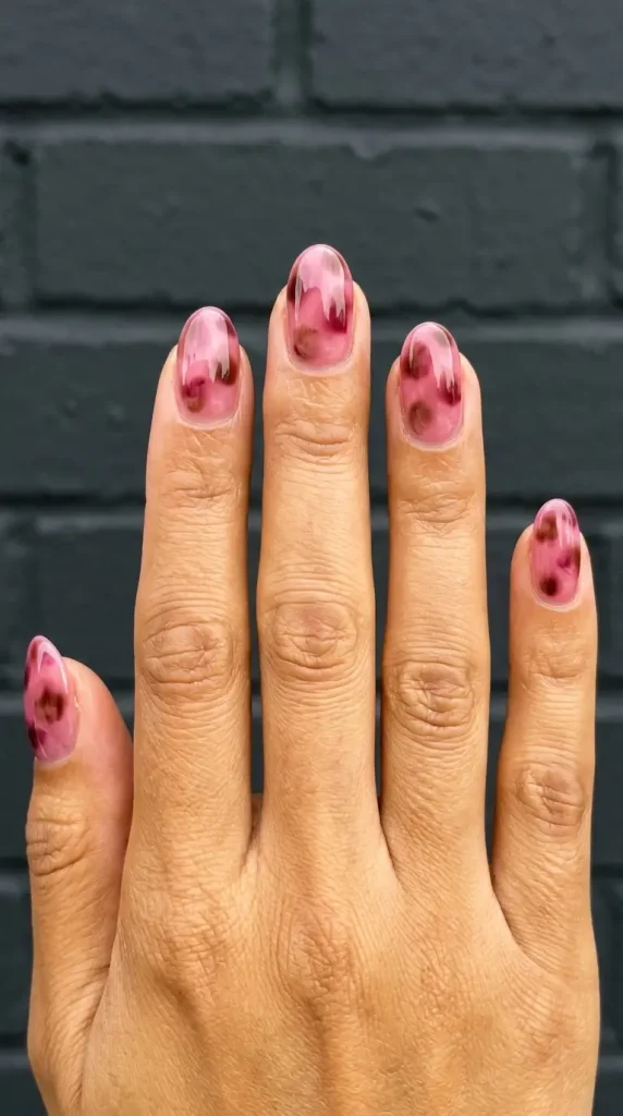 Medium oval pink tortoiseshell nails with berry and cocoa blotches showing through a rose pink jelly