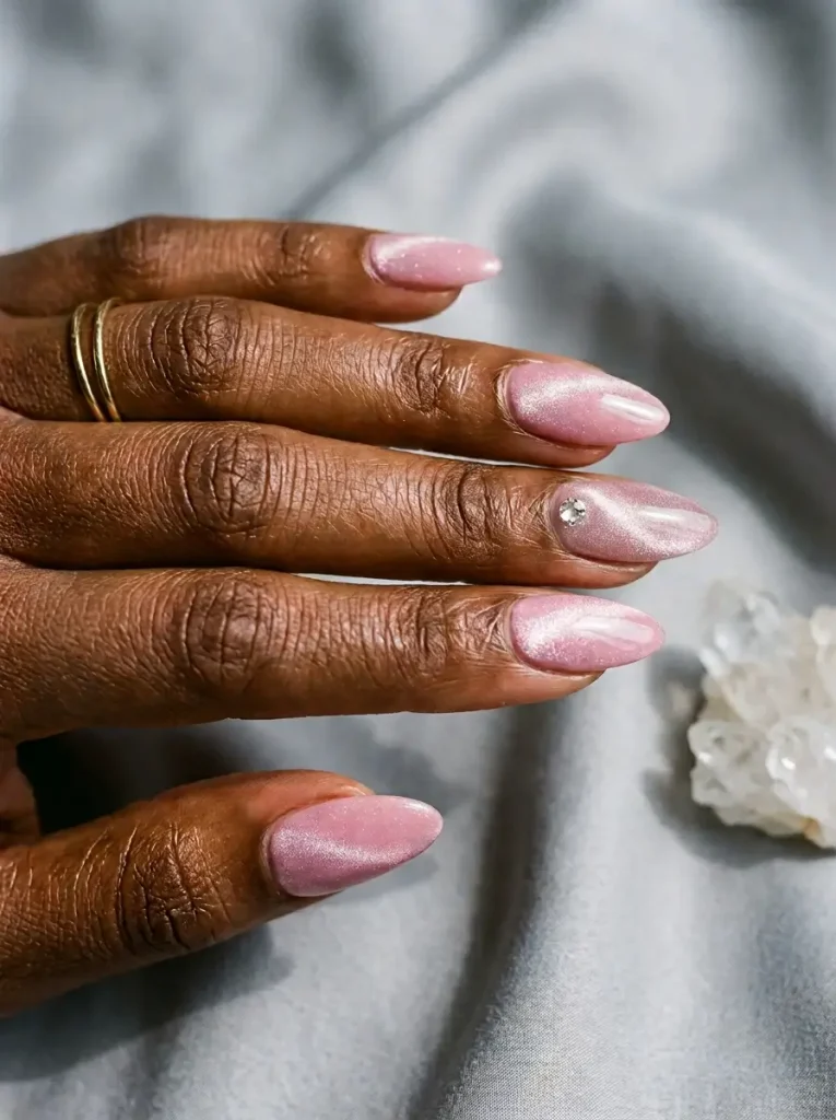 15 Witchy Nail Designs for 2026, From Gothic to Green Witch 12 Almond nails in soft pink velvet cat eye with a small clear crystal point on one accent nail, on a deep skin tone