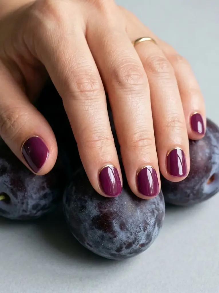 28 Fall Nail Designs for 2026, From Simple to Classy 7 Short round glossy plum nails with a fine gold line tracing the cuticle curve on every nail, on a fair skin tone