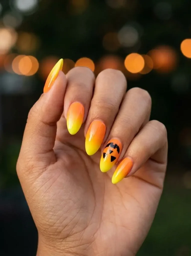 Almond nails in a bright orange to neon yellow ombré with a jack-o'-lantern face on one nail, on a tan skin tone