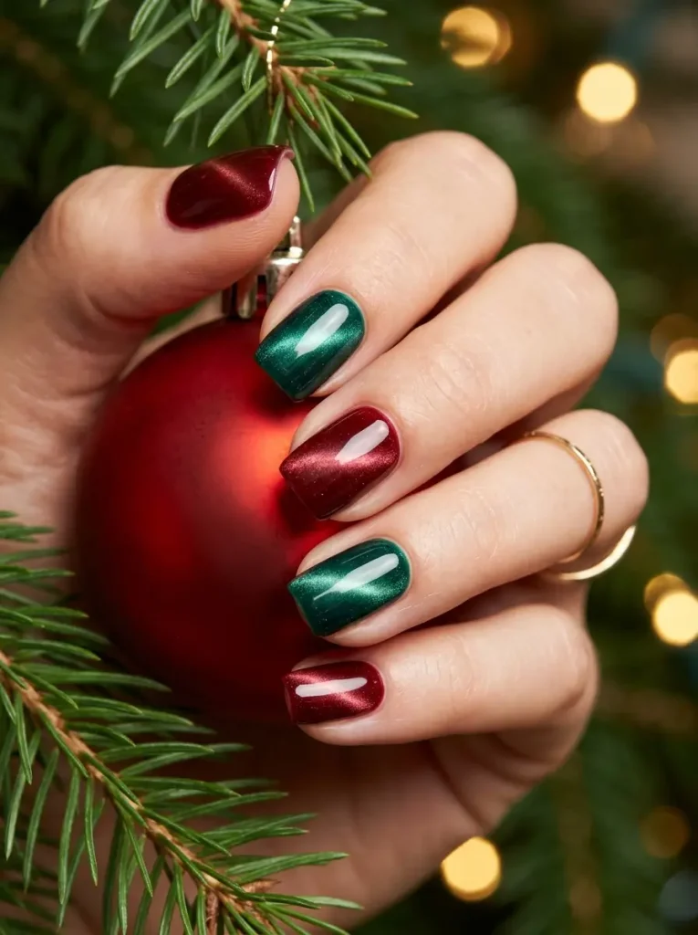 Short square Christmas cat eye nails alternating deep red and emerald green, on an olive skin tone