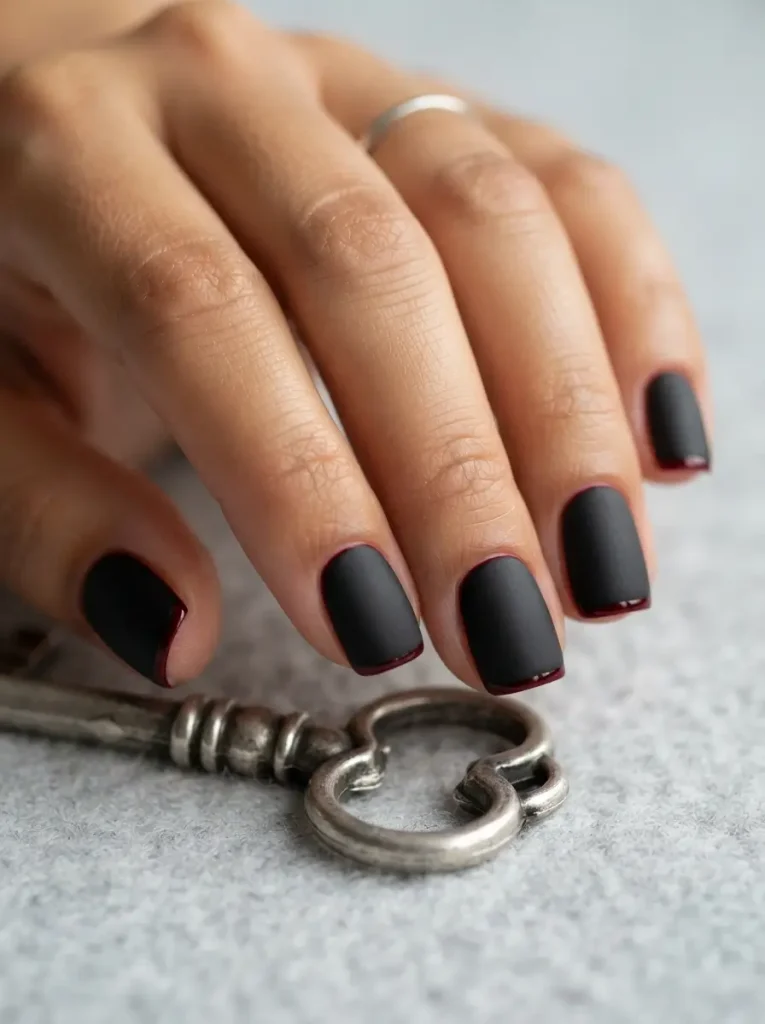 Short square vampire nails in matte black with a thin glossy deep red rim at each free edge, on an olive skin tone
